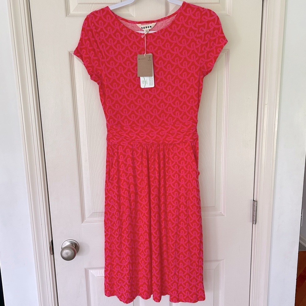 Boden Red Midi Dress Fit and Flare Crew Neck